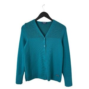 Saint James 100% Wool Long Sleeve Ribbed V-Neck Cardigan US 4 Teal Blue